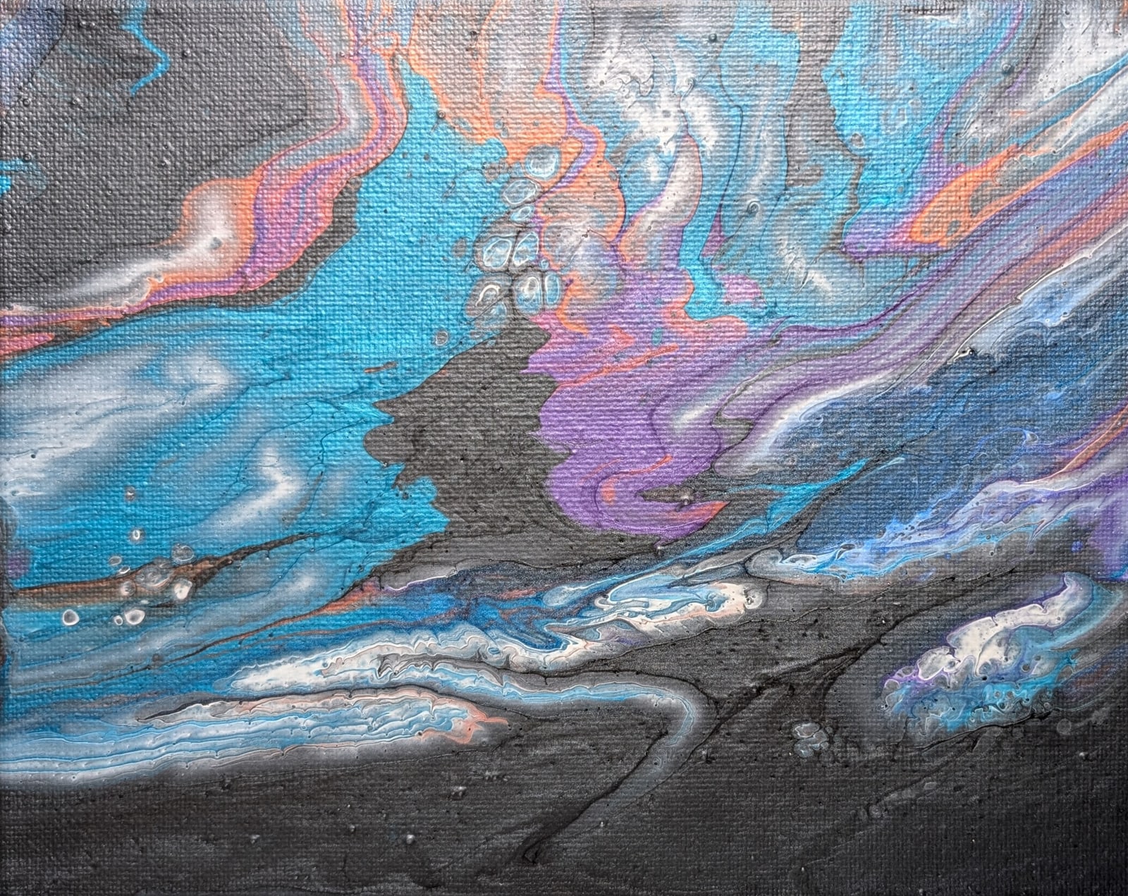 Acrylic pour on canvas: Abstract Teal & Purple on Black Pour