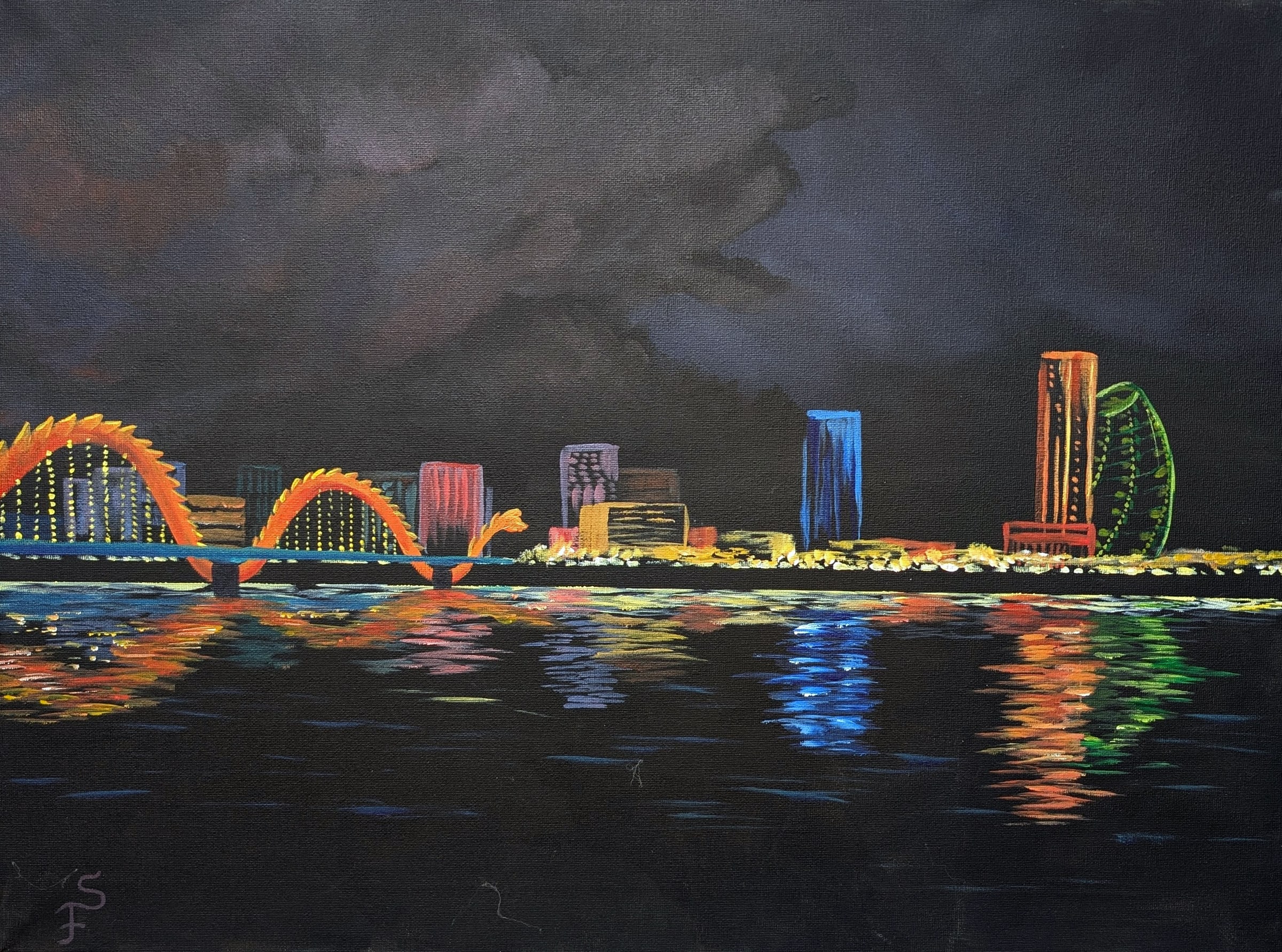 Acrylic on canvas: Dragon Bridge at Night, Da Nang, Vietnam