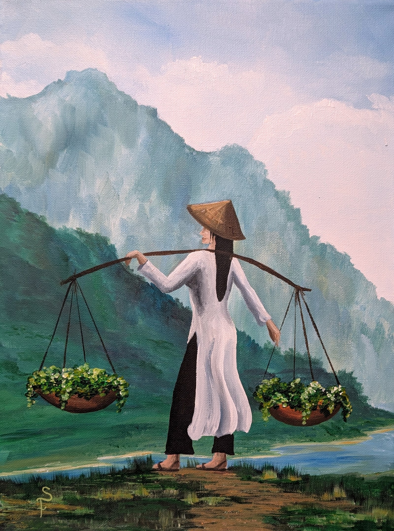 Acrylic on canvas: Vietnamese Girl with Yoke, Vietnam